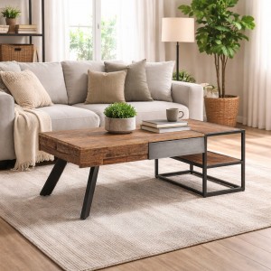 Vista ambientata diagonale Tavolino da salotto in legno con 2 cassetti 118x70 modello Manchester Bizzotto