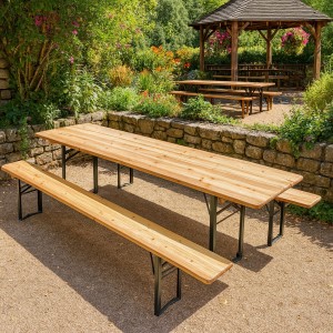 Vista ambientata Set birreria 2 panche e tavolo in legno naturale 160x70 Totò Piccinni