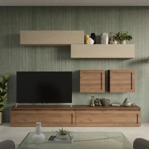 Vista ambientata Parete Attrezzata 279x40x190h in legno colore "rovere mercure - argilla" modello Modula Totò Piccinni