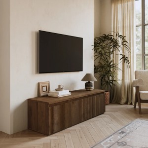 Vista ambientata Porta tv in legno con cassettone colore rovere mercure cannettato 138x40h modello Modula Totò Piccinni